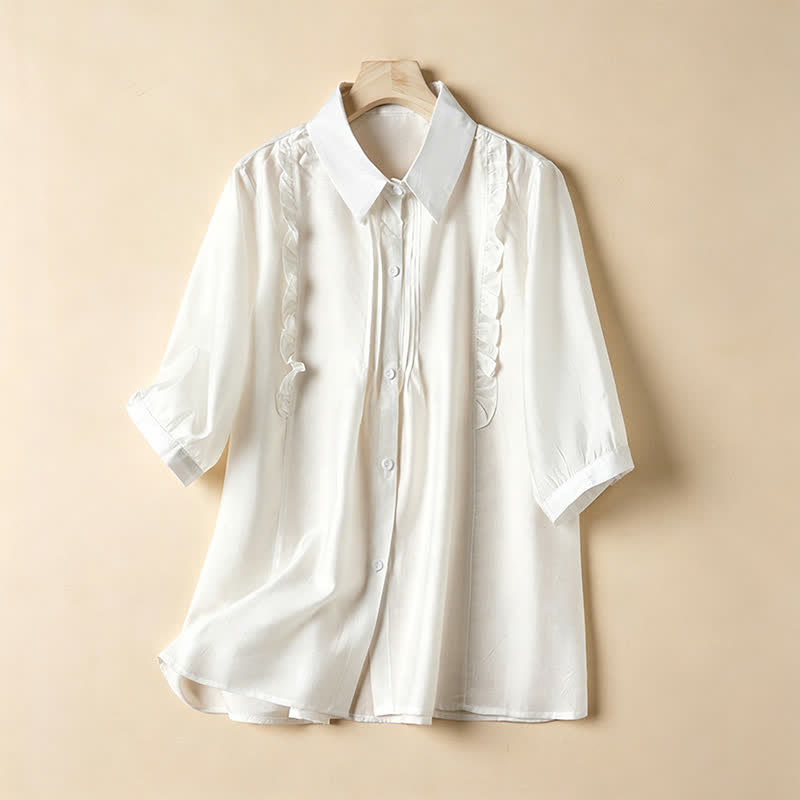Buddha Stones Summer Elegant Vintage Button-up Solid Front Pleated Ruffle Women's Short Sleeve Shirts - White - US8-10, UK/AU12-14, EU40-42 (2XL) - image 21