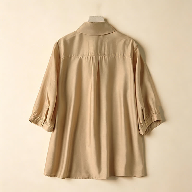 Buddha Stones Summer Elegant Vintage Button-up Solid Front Pleated Ruffle Women's Short Sleeve Shirts - image 13