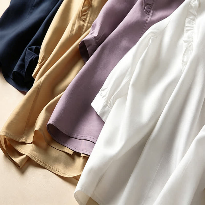 Buddha Stones Summer Elegant Vintage Button-up Solid Front Pleated Ruffle Women's Short Sleeve Shirts - image 30