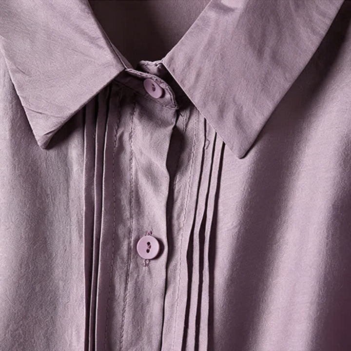 Buddha Stones Summer Elegant Vintage Button-up Solid Front Pleated Ruffle Women's Short Sleeve Shirts - image 3