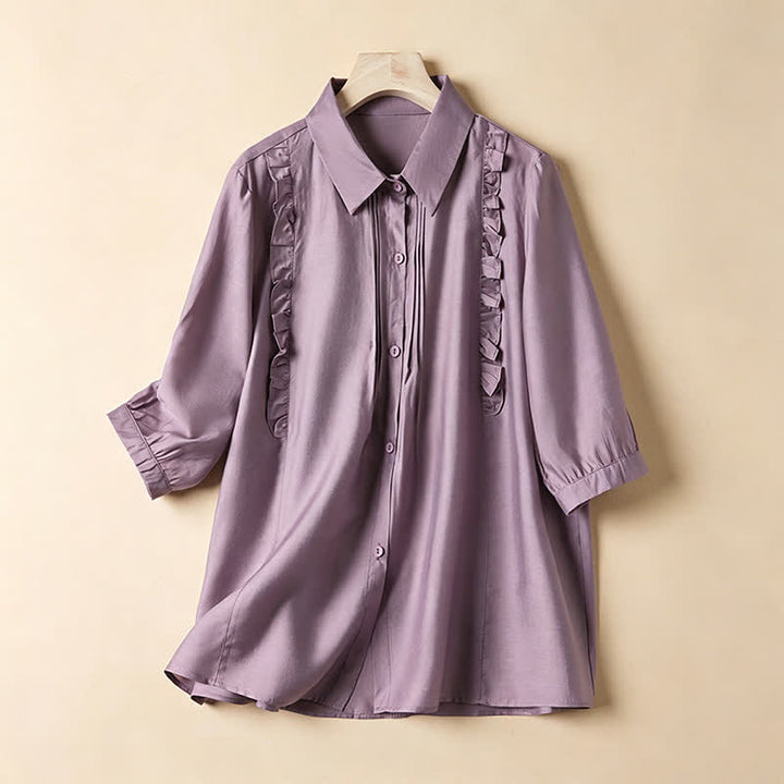 Buddha Stones Summer Elegant Vintage Button-up Solid Front Pleated Ruffle Women's Short Sleeve Shirts - Thistle - US8-10, UK/AU12-14, EU40-42 (2XL) - image 0