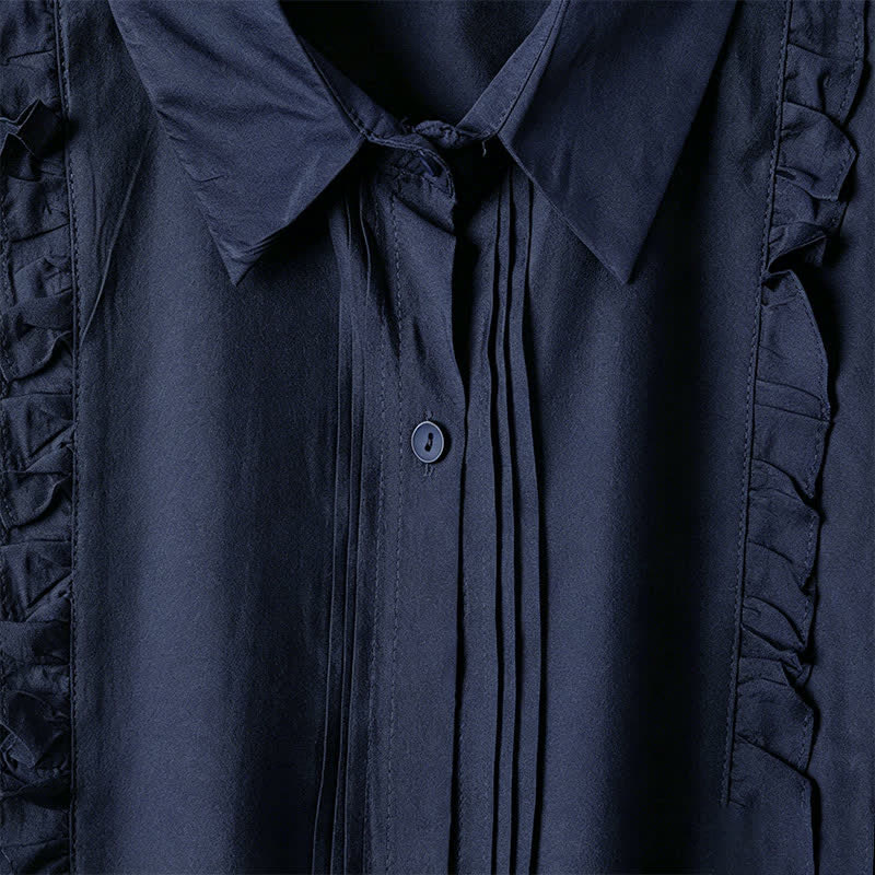 Buddha Stones Summer Elegant Vintage Button-up Solid Front Pleated Ruffle Women's Short Sleeve Shirts - image 10
