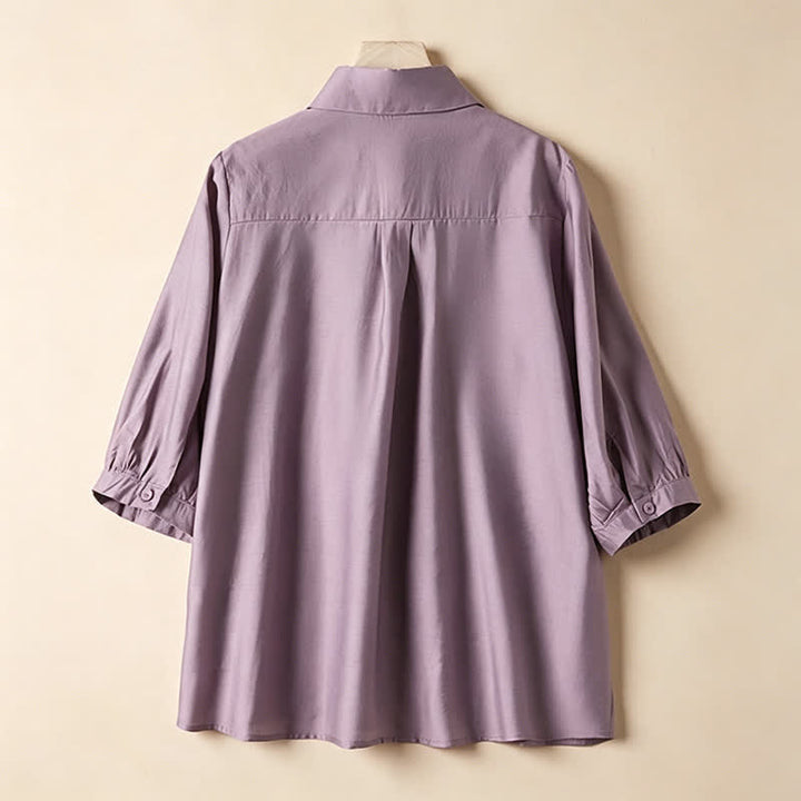 Buddha Stones Summer Elegant Vintage Button-up Solid Front Pleated Ruffle Women's Short Sleeve Shirts - image 1