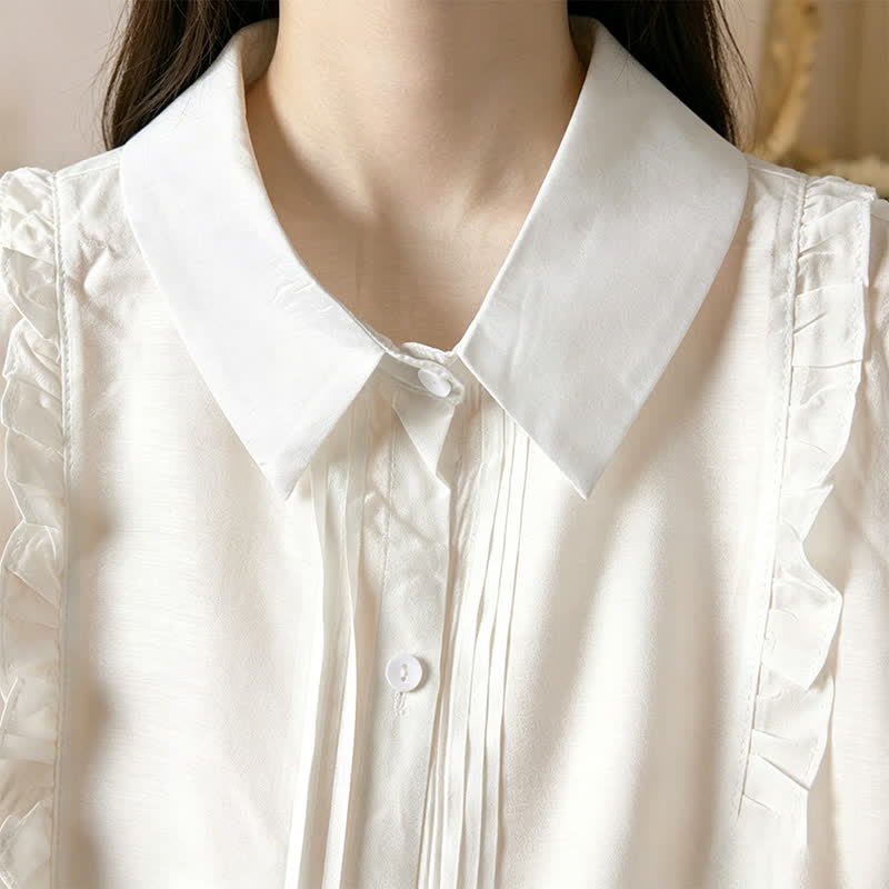 Buddha Stones Summer Elegant Vintage Button-up Solid Front Pleated Ruffle Women's Short Sleeve Shirts - image 23