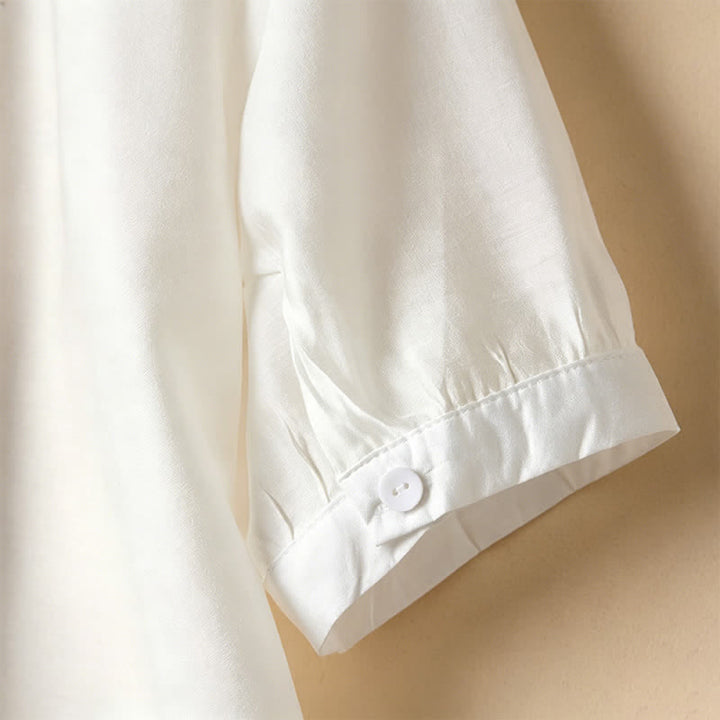Buddha Stones Summer Elegant Vintage Button-up Solid Front Pleated Ruffle Women's Short Sleeve Shirts - image 26