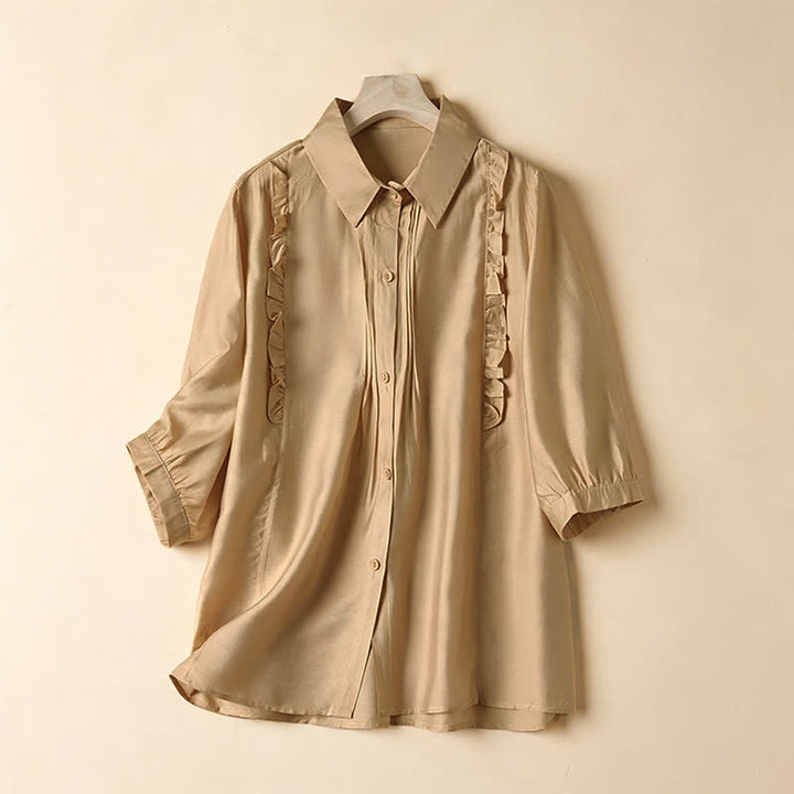 Buddha Stones Summer Elegant Vintage Button-up Solid Front Pleated Ruffle Women's Short Sleeve Shirts - Burlywood - US8-10, UK/AU12-14, EU40-42 (2XL) - image 12
