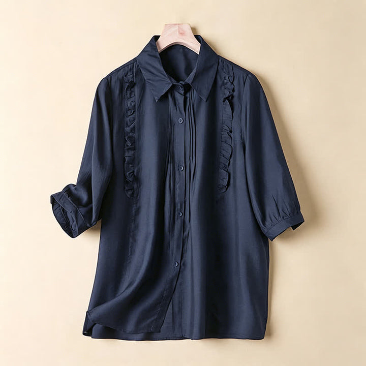 Buddha Stones Summer Elegant Vintage Button-up Solid Front Pleated Ruffle Women's Short Sleeve Shirts - MidnightBlue - US8-10, UK/AU12-14, EU40-42 (2XL) - image 8