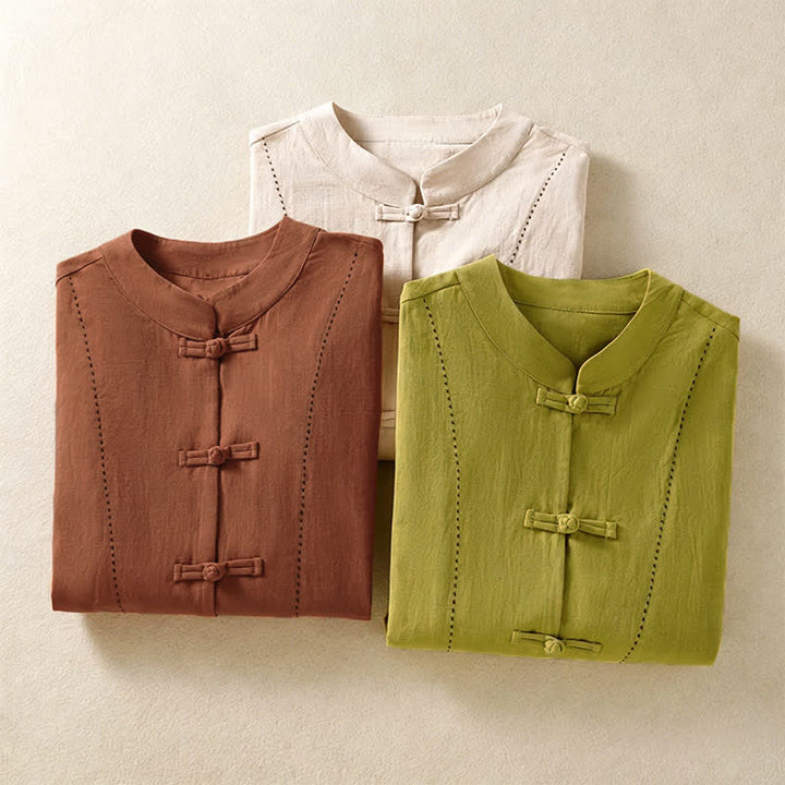 Buddha Stones Summer Tang Style Vintage Mandarin Collar Frog Button Solid Women's Short Sleeve Shirts With Pockets - image 26