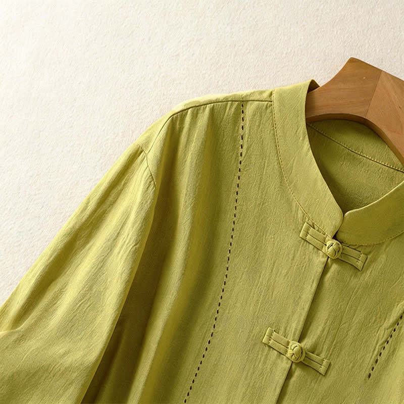 Buddha Stones Summer Tang Style Vintage Mandarin Collar Frog Button Solid Women's Short Sleeve Shirts With Pockets - image 19