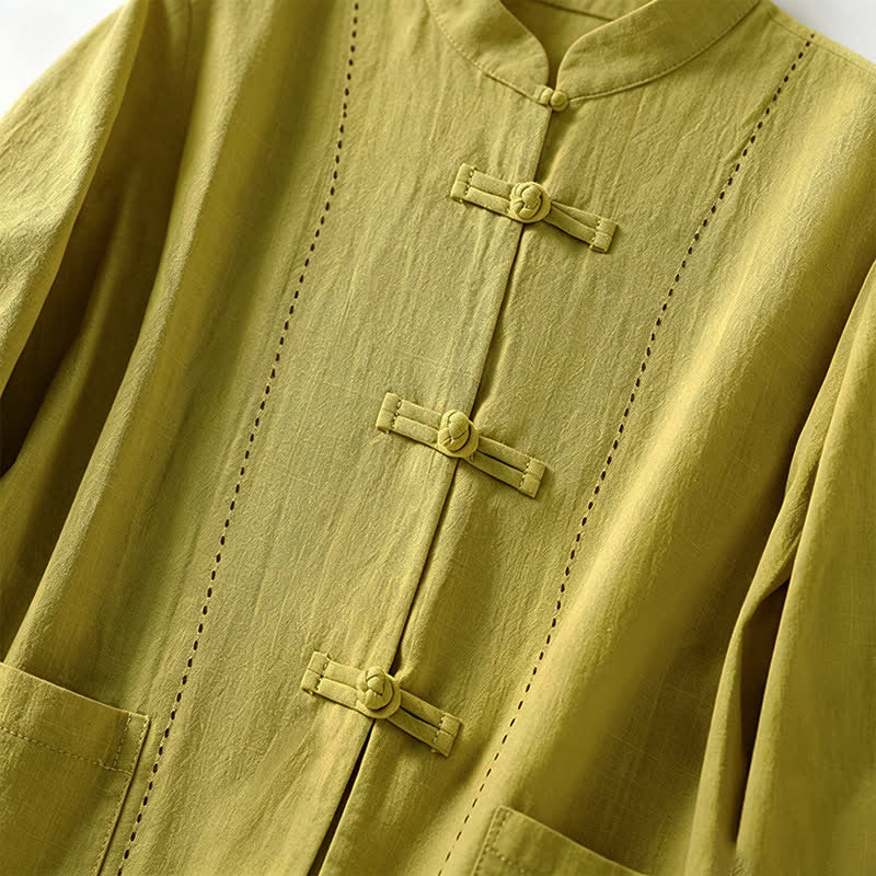 Buddha Stones Summer Tang Style Vintage Mandarin Collar Frog Button Solid Women's Short Sleeve Shirts With Pockets - image 23