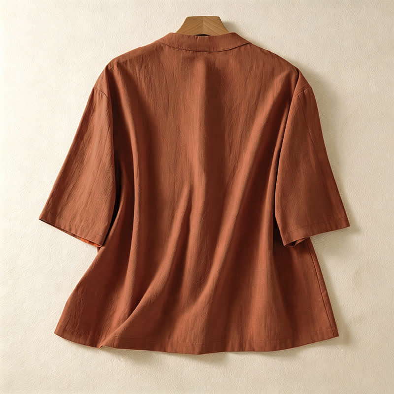 Buddha Stones Summer Tang Style Vintage Mandarin Collar Frog Button Solid Women's Short Sleeve Shirts With Pockets - image 8