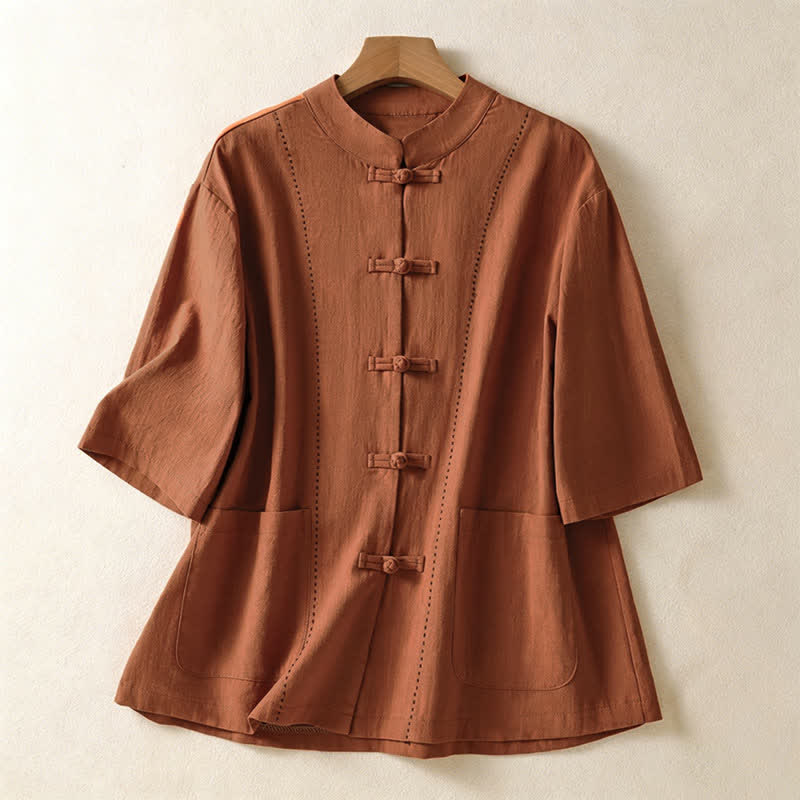 Buddha Stones Summer Tang Style Vintage Mandarin Collar Frog Button Solid Women's Short Sleeve Shirts With Pockets - Peru - US8-10, UK/AU12-14, EU40-42 (2XL) - image 7