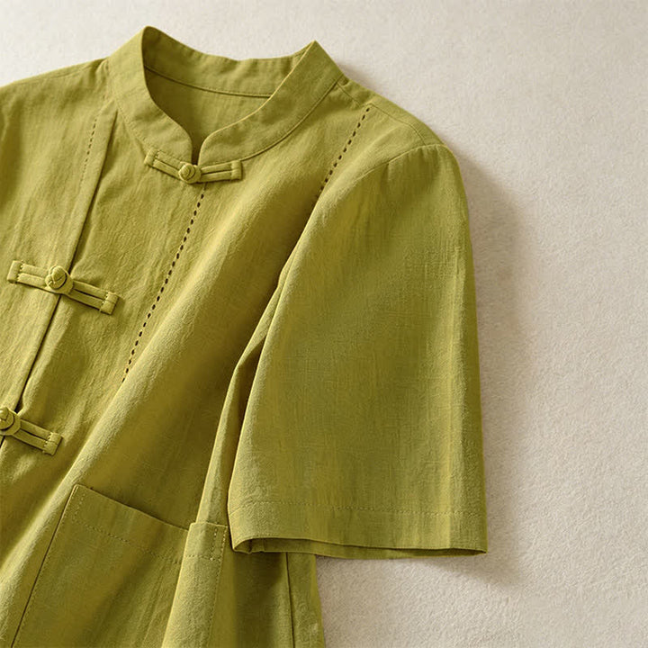 Buddha Stones Summer Tang Style Vintage Mandarin Collar Frog Button Solid Women's Short Sleeve Shirts With Pockets - image 22