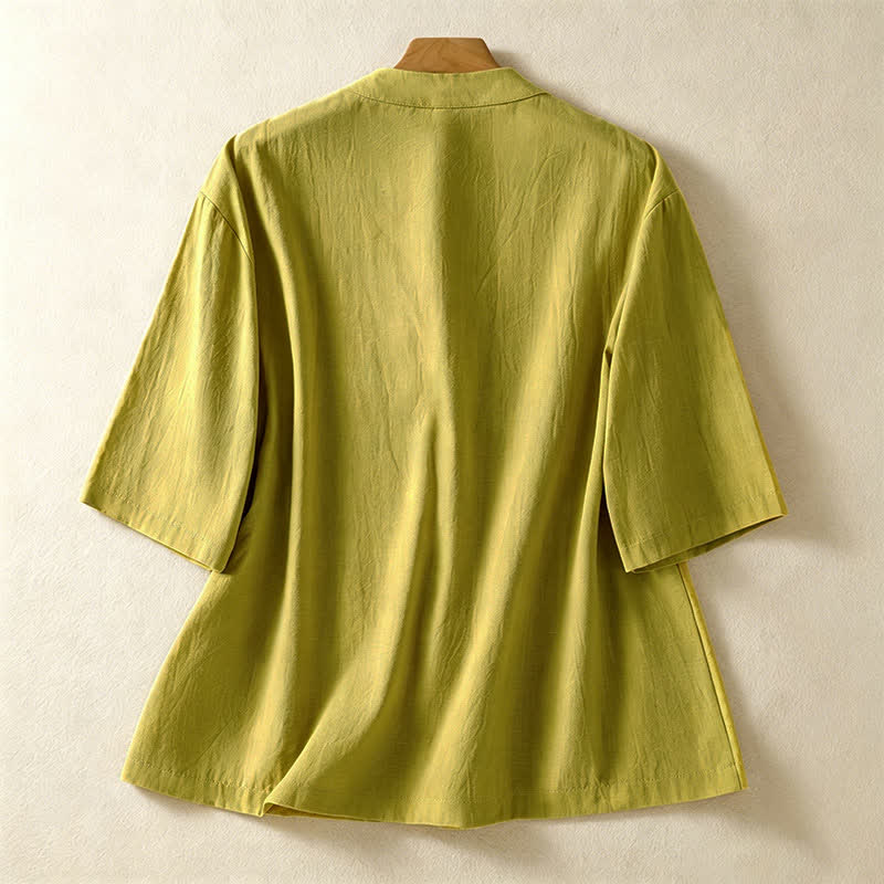 Buddha Stones Summer Tang Style Vintage Mandarin Collar Frog Button Solid Women's Short Sleeve Shirts With Pockets - image 18