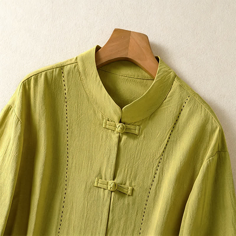 Buddha Stones Summer Tang Style Vintage Mandarin Collar Frog Button Solid Women's Short Sleeve Shirts With Pockets - image 20