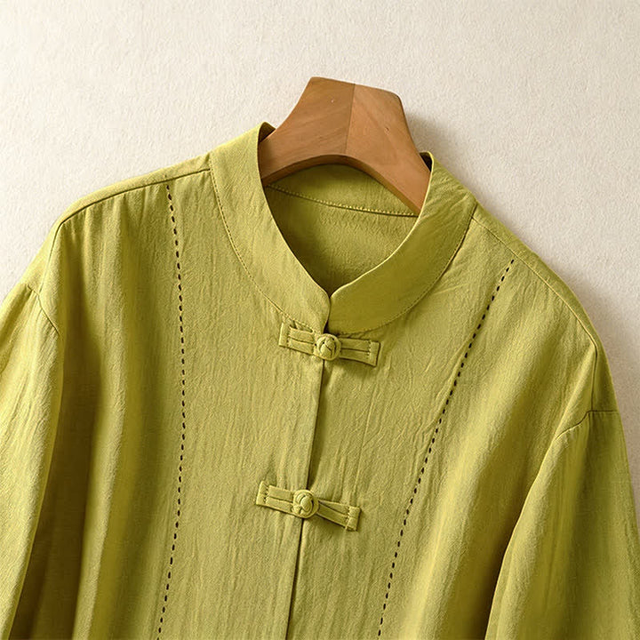 Buddha Stones Summer Tang Style Vintage Mandarin Collar Frog Button Solid Women's Short Sleeve Shirts With Pockets - image 20