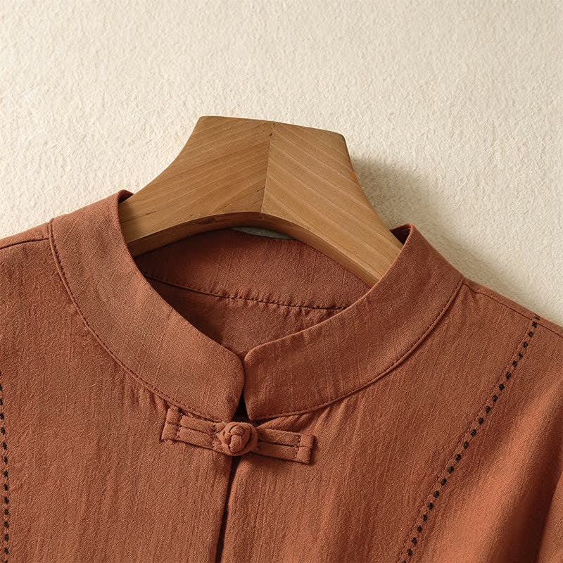 Buddha Stones Summer Tang Style Vintage Mandarin Collar Frog Button Solid Women's Short Sleeve Shirts With Pockets - image 10