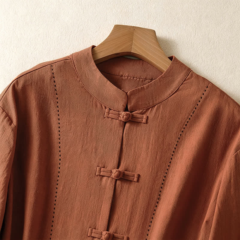 Buddha Stones Summer Tang Style Vintage Mandarin Collar Frog Button Solid Women's Short Sleeve Shirts With Pockets - image 9