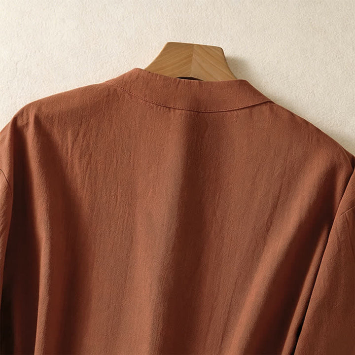 Buddha Stones Summer Tang Style Vintage Mandarin Collar Frog Button Solid Women's Short Sleeve Shirts With Pockets - image 11