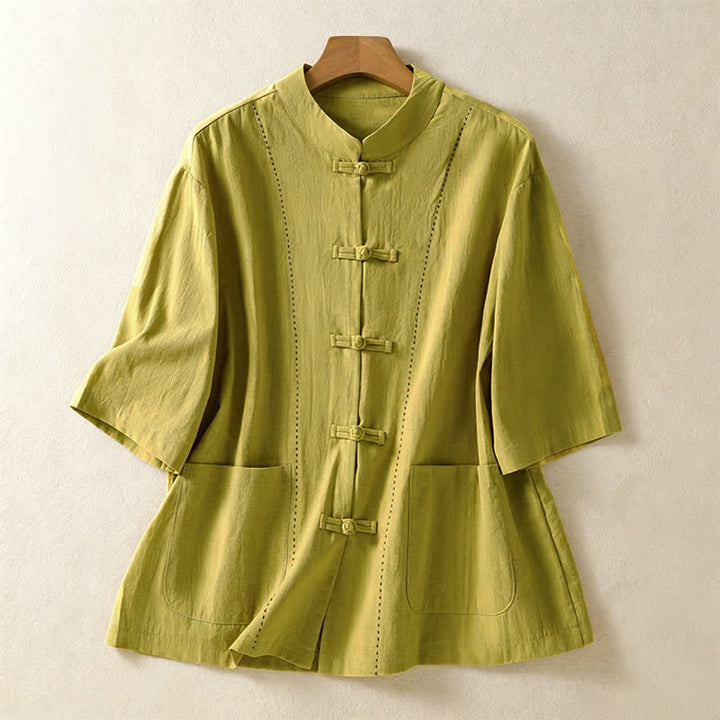 Buddha Stones Summer Tang Style Vintage Mandarin Collar Frog Button Solid Women's Short Sleeve Shirts With Pockets - YellowGreen - US8-10, UK/AU12-14, EU40-42 (2XL) - image 17