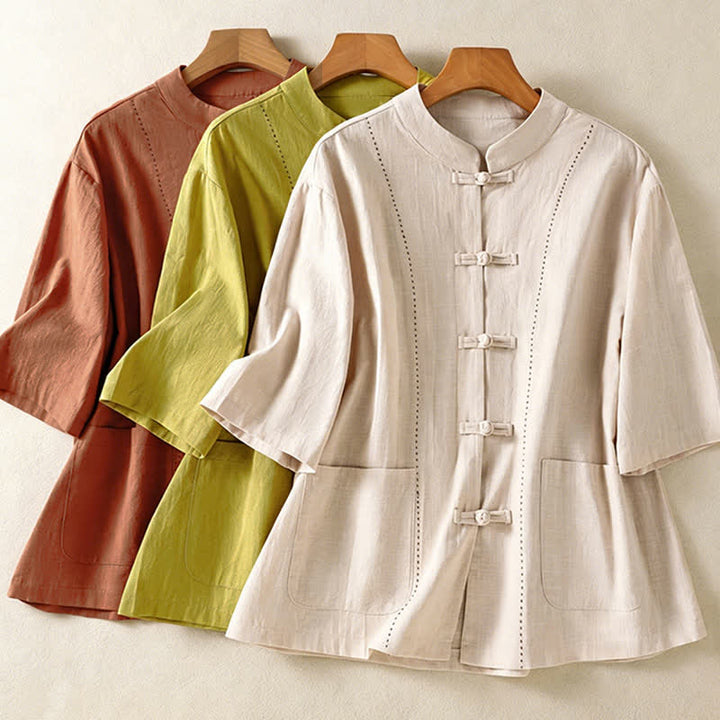 Buddha Stones Summer Tang Style Vintage Mandarin Collar Frog Button Solid Women's Short Sleeve Shirts With Pockets - image 25