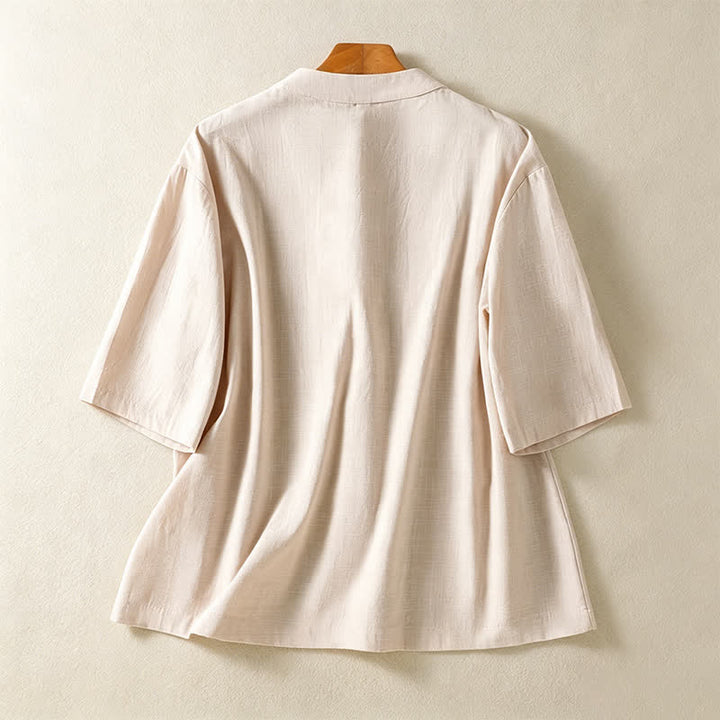 Buddha Stones Summer Tang Style Vintage Mandarin Collar Frog Button Solid Women's Short Sleeve Shirts With Pockets - image 1