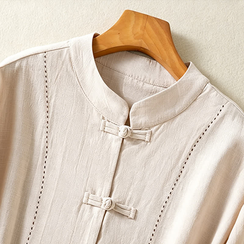 Buddha Stones Summer Tang Style Vintage Mandarin Collar Frog Button Solid Women's Short Sleeve Shirts With Pockets - image 2