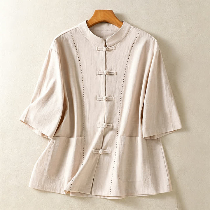 Buddha Stones Summer Tang Style Vintage Mandarin Collar Frog Button Solid Women's Short Sleeve Shirts With Pockets - Beige - US8-10, UK/AU12-14, EU40-42 (2XL) - image 0