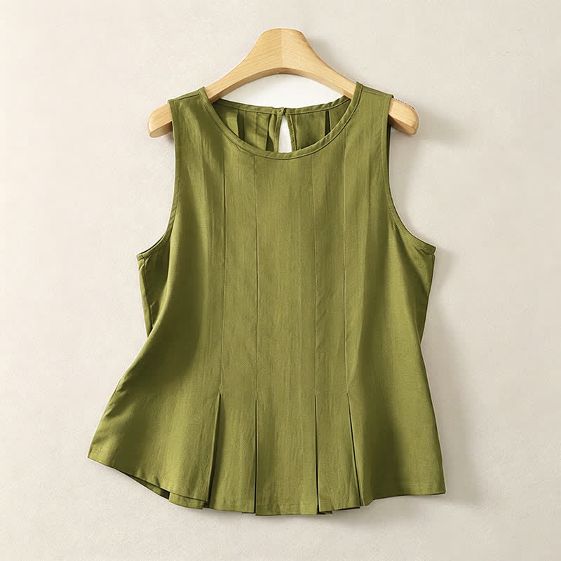 Buddha Stones Summer Elegant Pleated Solid Tank Top Vertical Seam Women's Sleeveless T-shirts - OliveDrab - US8-10, UK/AU12-14, EU40-42 (2XL) - image 0