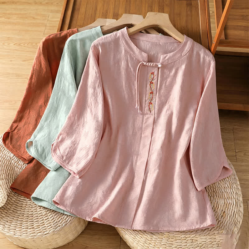 Buddha Stones Summer Boho Tang Style Embroidery Drawstring Solid Women's Short Sleeve Shirts - image 22