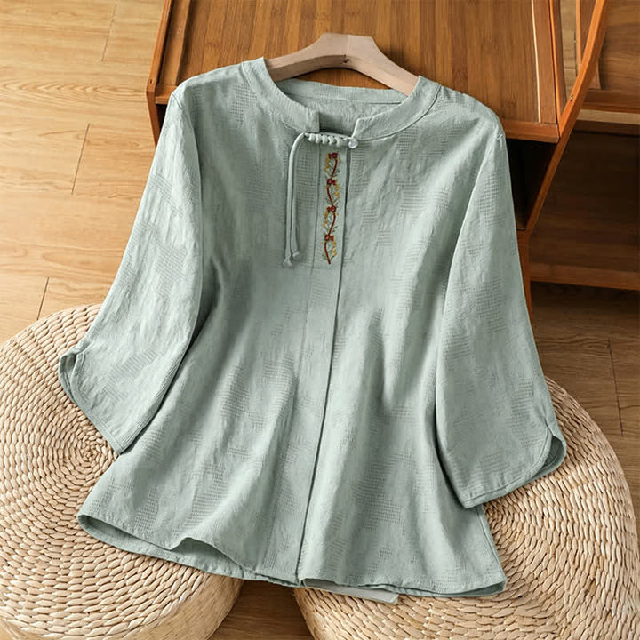 Buddha Stones Summer Boho Tang Style Embroidery Drawstring Solid Women's Short Sleeve Shirts - PaleGreen - US12, UK/AU16, EU44 (3XL) - image 0