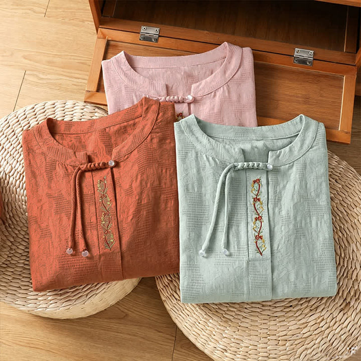 Buddha Stones Summer Boho Tang Style Embroidery Drawstring Solid Women's Short Sleeve Shirts - image 23