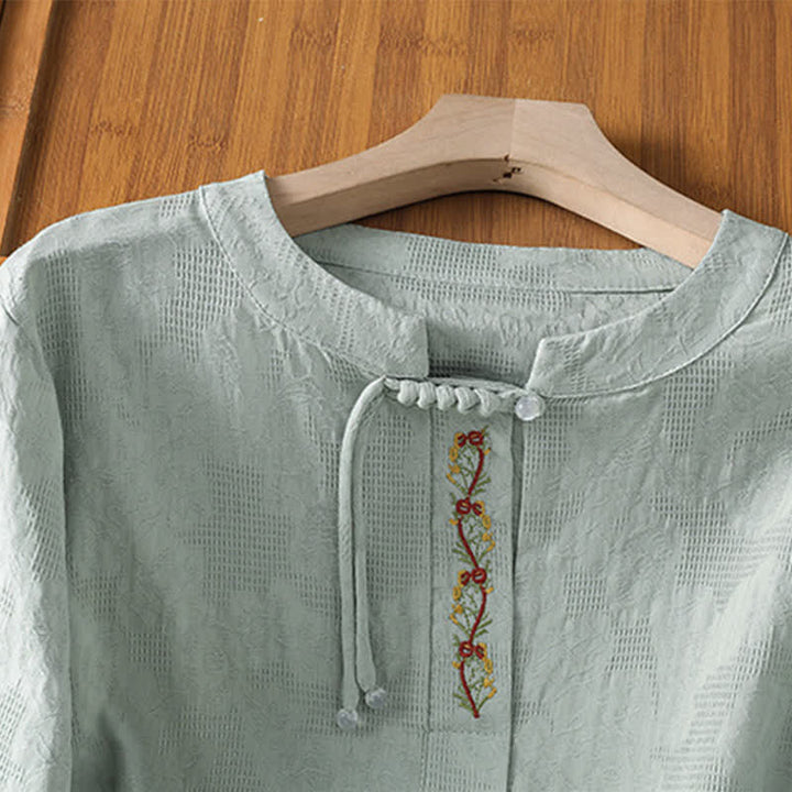 Buddha Stones Summer Boho Tang Style Embroidery Drawstring Solid Women's Short Sleeve Shirts - image 1