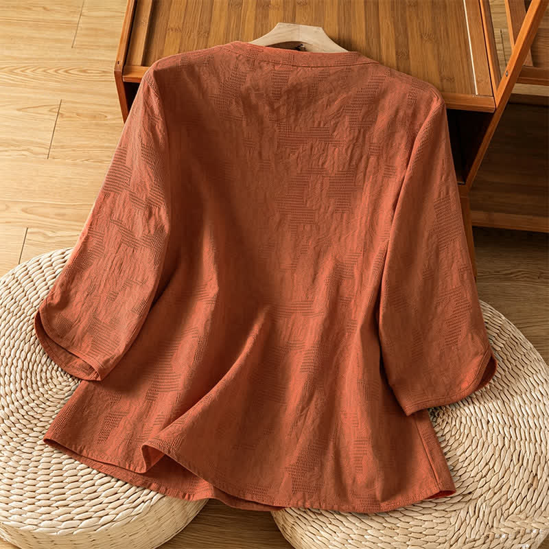 Buddha Stones Summer Boho Tang Style Embroidery Drawstring Solid Women's Short Sleeve Shirts - image 15