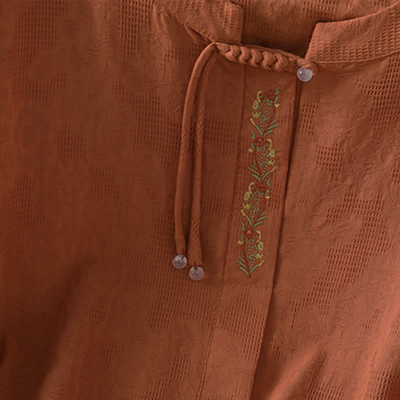 Buddha Stones Summer Boho Tang Style Embroidery Drawstring Solid Women's Short Sleeve Shirts - image 19