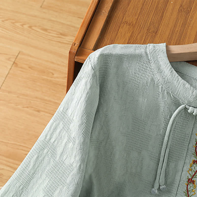 Buddha Stones Summer Boho Tang Style Embroidery Drawstring Solid Women's Short Sleeve Shirts - image 3