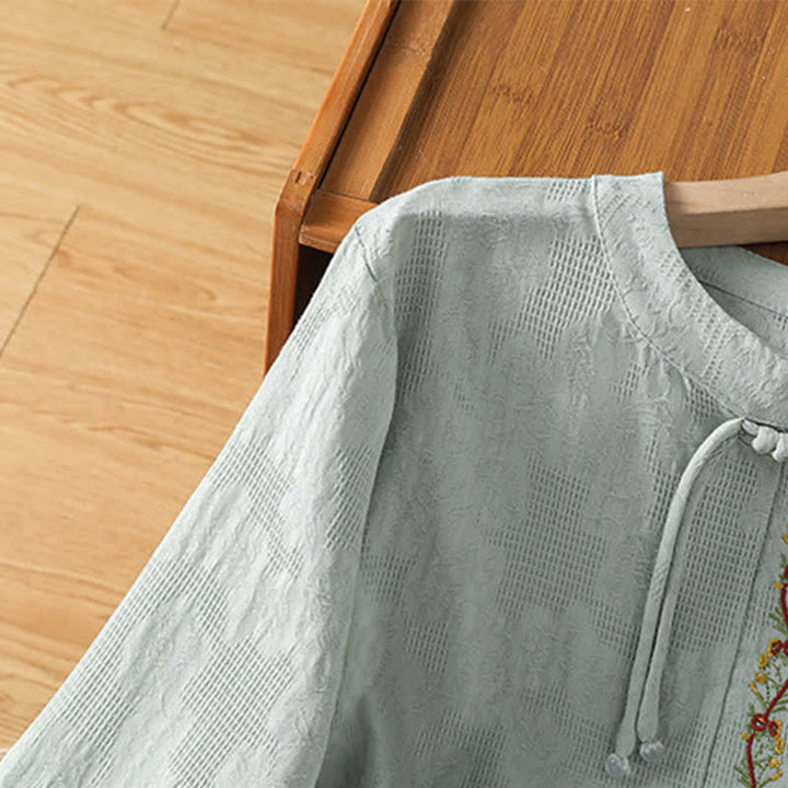 Buddha Stones Summer Boho Tang Style Embroidery Drawstring Solid Women's Short Sleeve Shirts - image 3