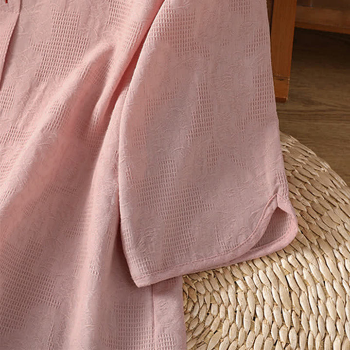 Buddha Stones Summer Boho Tang Style Embroidery Drawstring Solid Women's Short Sleeve Shirts - image 11