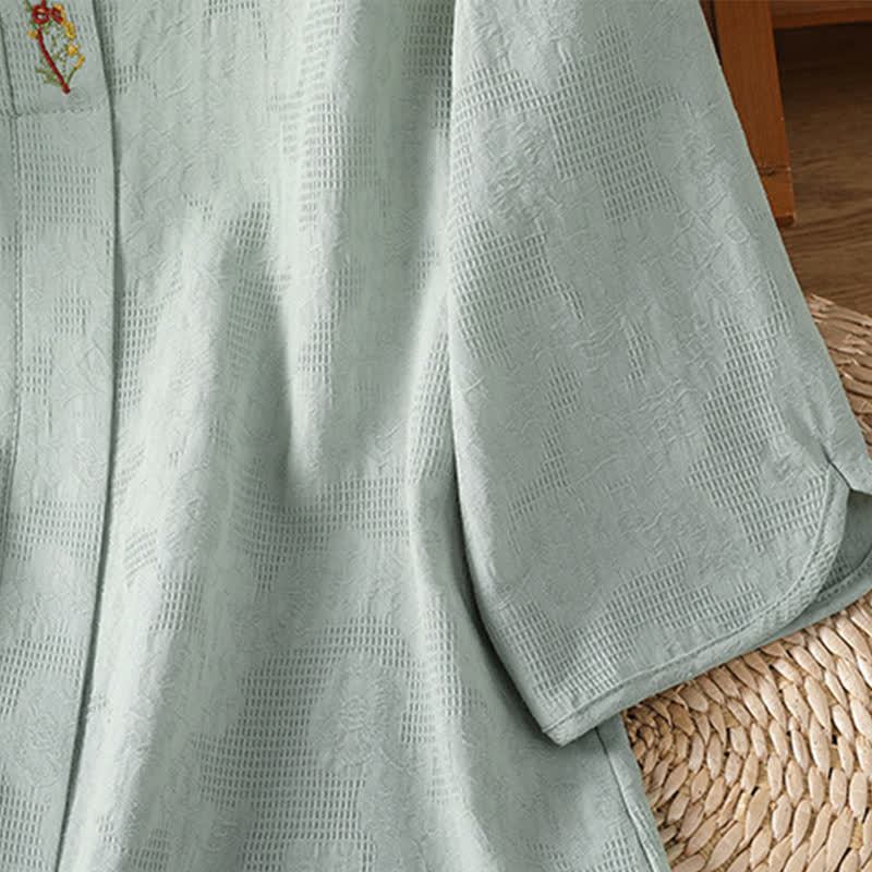Buddha Stones Summer Boho Tang Style Embroidery Drawstring Solid Women's Short Sleeve Shirts - image 4