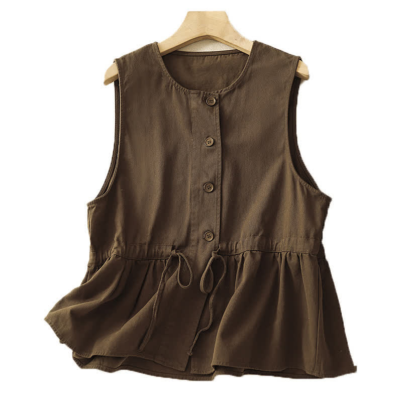 Buddha Stones Summer Casual Vintage Button-Up Drawstring Solid Tank Top Women's Sleeveless Shirts - image 1