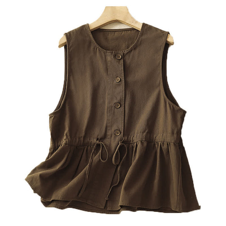 Buddha Stones Summer Casual Vintage Button-Up Drawstring Solid Tank Top Women's Sleeveless Shirts - image 1