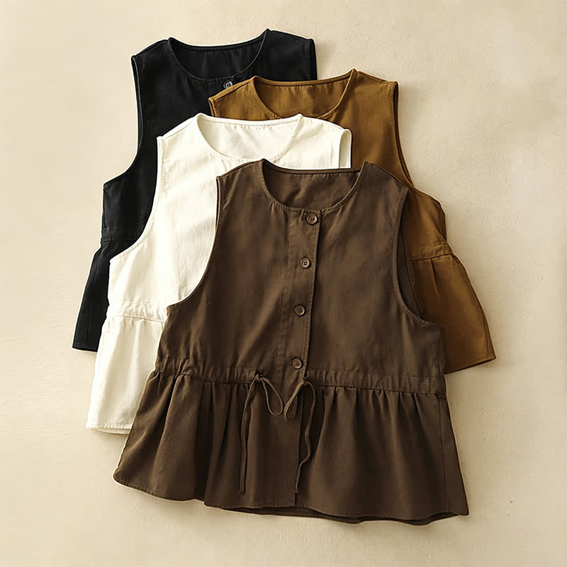Buddha Stones Summer Casual Vintage Button-Up Drawstring Solid Tank Top Women's Sleeveless Shirts - image 29