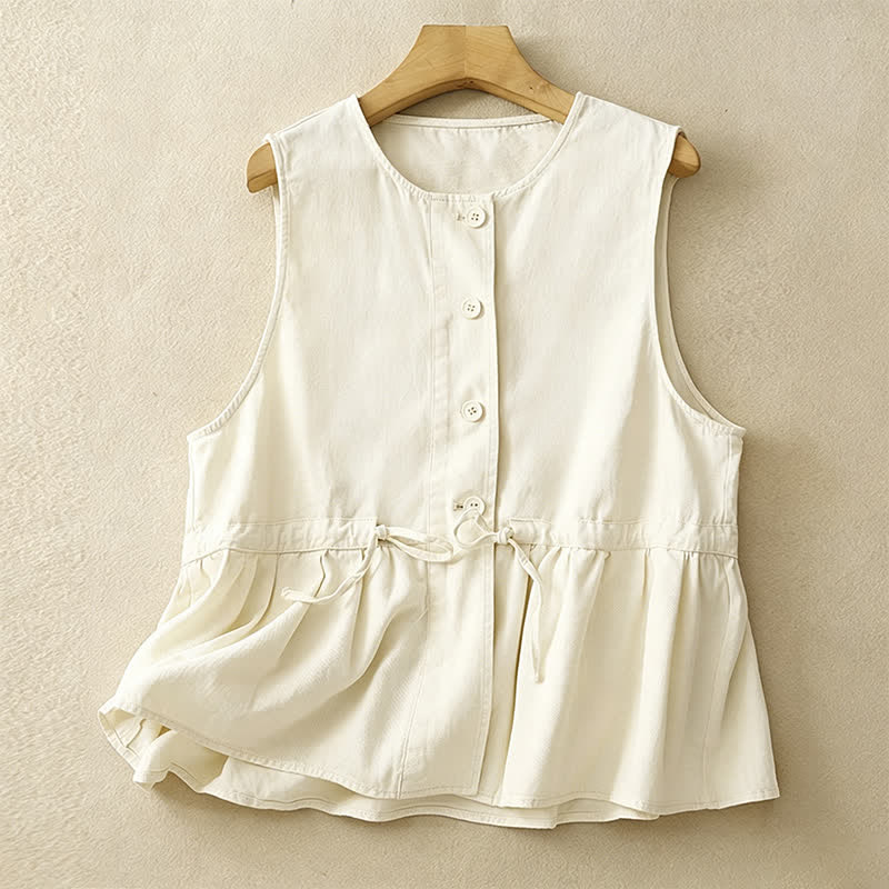 Buddha Stones Summer Casual Vintage Button-Up Drawstring Solid Tank Top Women's Sleeveless Shirts - Linen - US8-10, UK/AU12-14, EU40-42 (2XL) - image 13