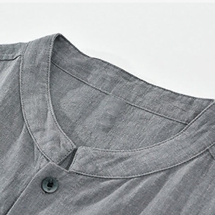 Buddha Stones Summer Vintage Mandarin Collar Button Up Solid Men's Short Sleeve Shirts With Pockets - image 2