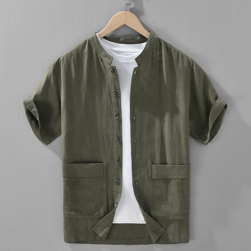 Buddha Stones Summer Vintage Mandarin Collar Button Up Solid Men's Short Sleeve Shirts With Pockets - DarkOliveGreen - US/UK/AU42，EU52 (3XL) - image 11