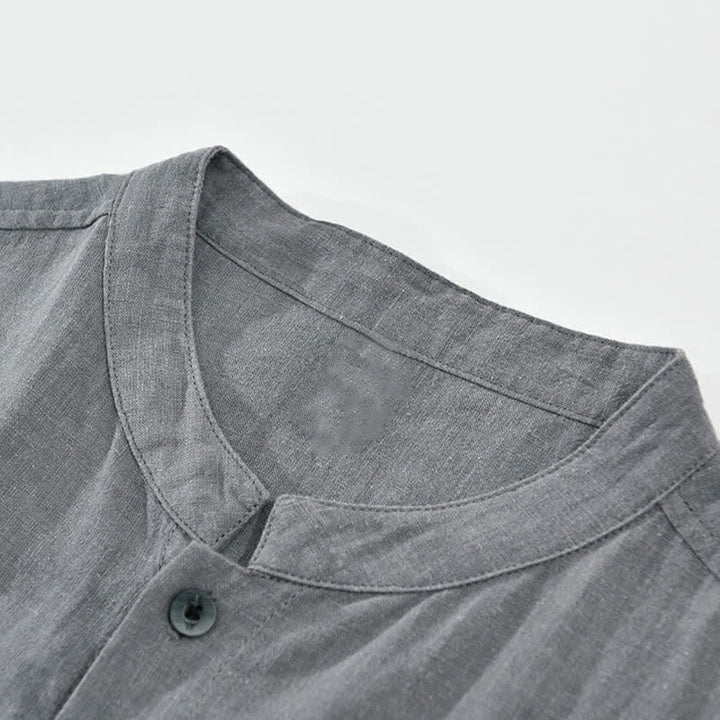 Buddha Stones Summer Vintage Mandarin Collar Button Up Solid Men's Short Sleeve Shirts With Pockets - image 3