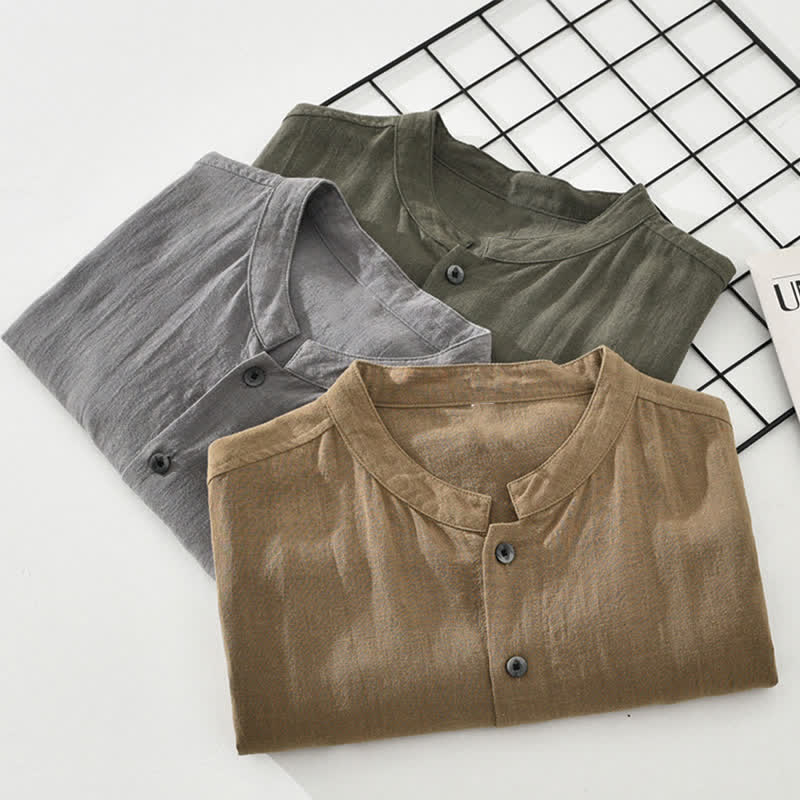 Buddha Stones Summer Vintage Mandarin Collar Button Up Solid Men's Short Sleeve Shirts With Pockets - image 13