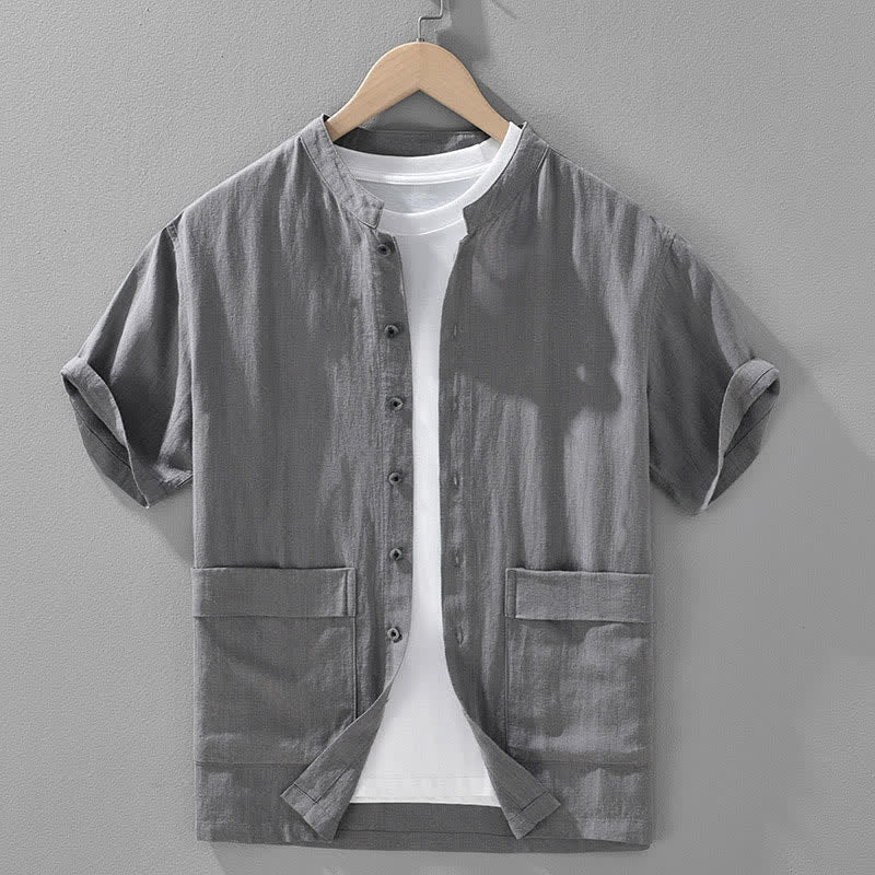 Buddha Stones Summer Vintage Mandarin Collar Button Up Solid Men's Short Sleeve Shirts With Pockets - Gray - US/UK/AU42，EU52 (3XL) - image 0