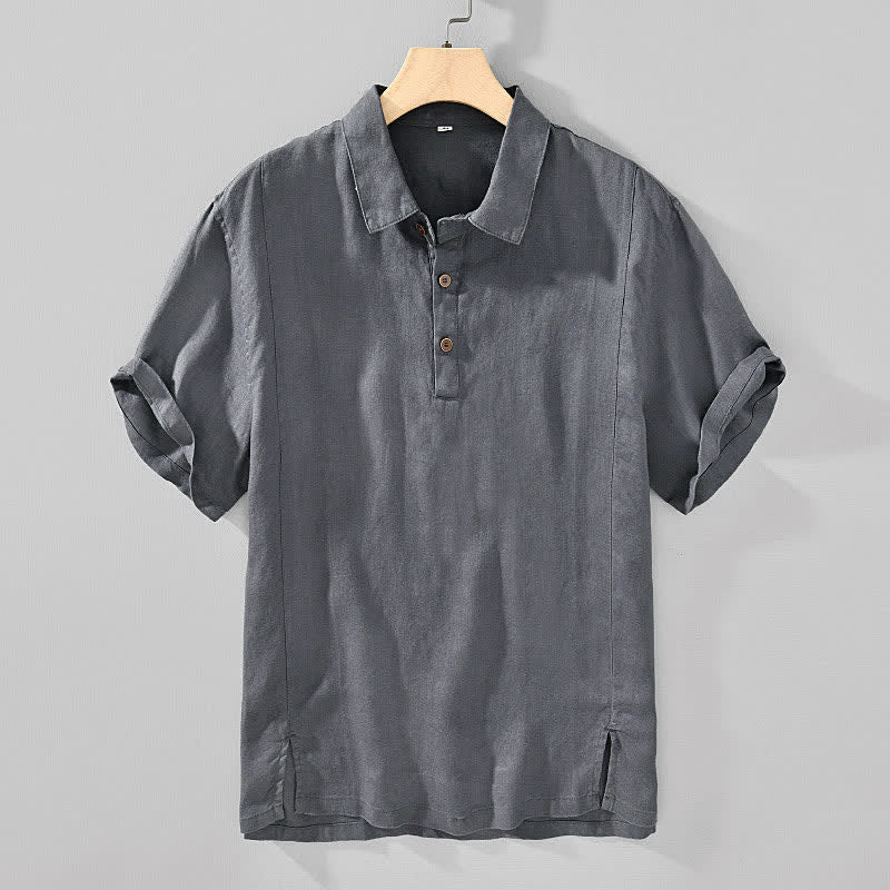 Buddha Stones Summer Casual Minimalist Button-Up Solid Linen Men's Short Sleeve Shirts - DimGray - US/UK/AU44，EU54 (4XL) - image 0
