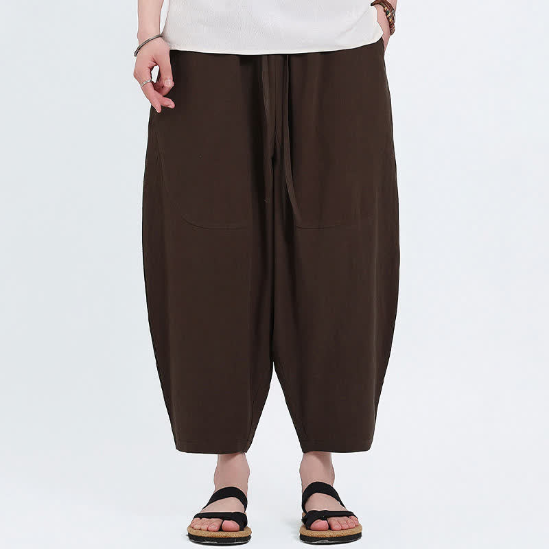 Buddha Stones Summer Casual Drawstring Solid Cotton Linen Capri Pants Men's Harem Pants With Pockets - image 14
